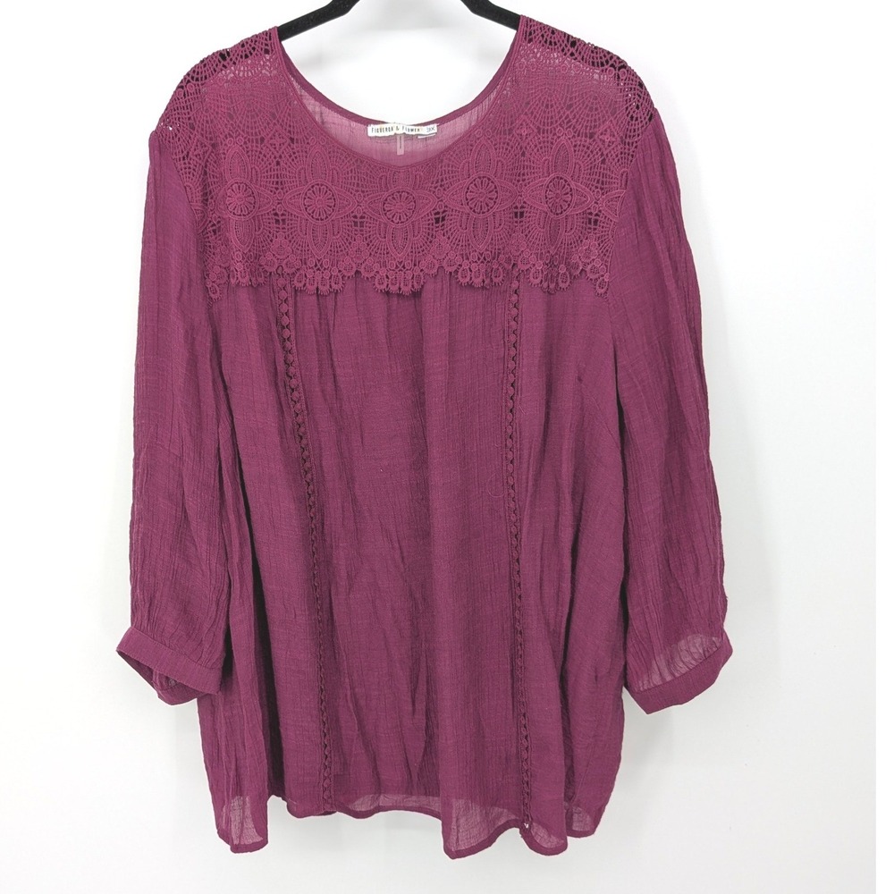 Figueroa & Flower Blouse Women Plus 3X Purple Lace Crochet Gauzy Boho Top Spring